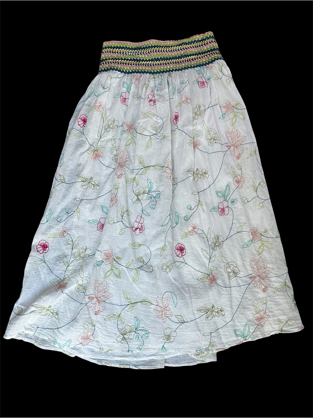 Zara White Embroidered Floral Midi Skirt, 100% Cotton, Size S